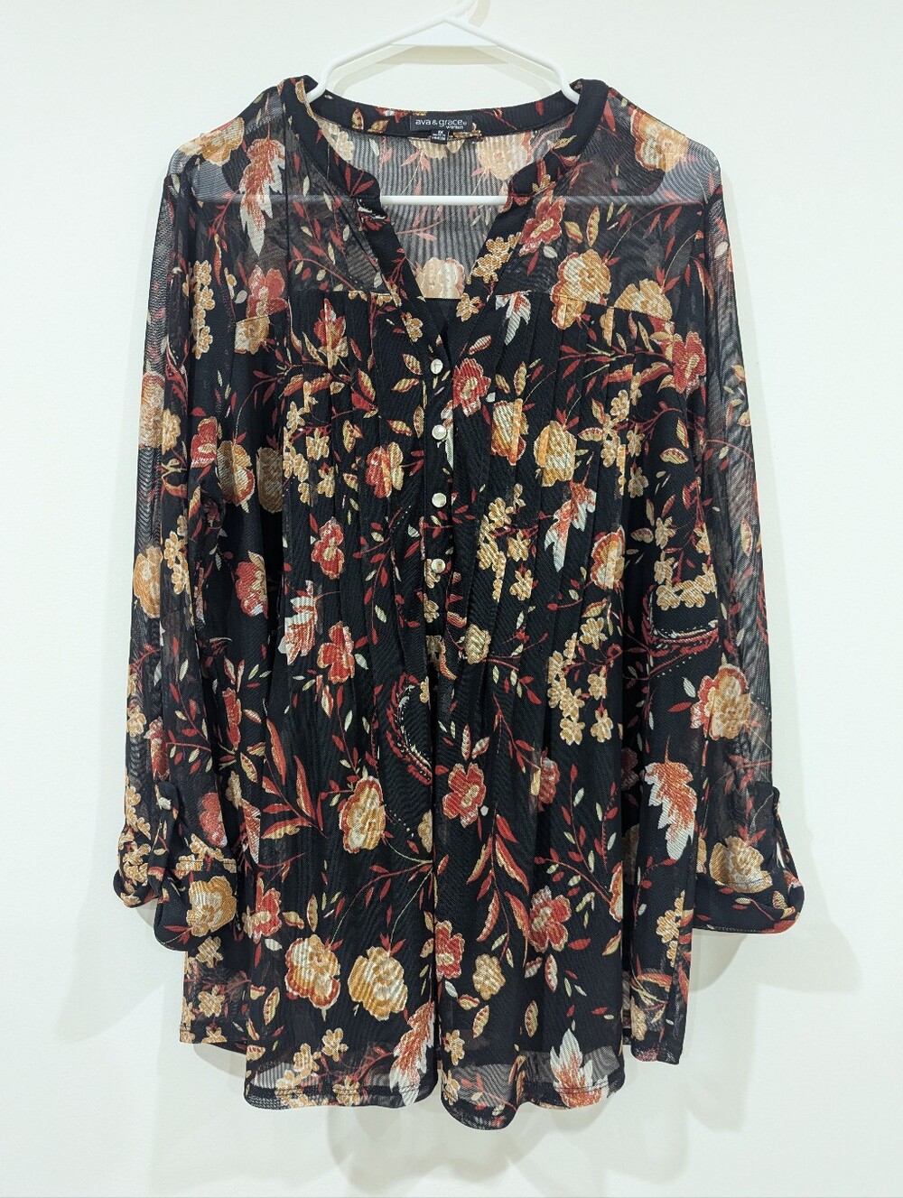 Ava & Grace Black Floral Sheer Button-Front Tunic